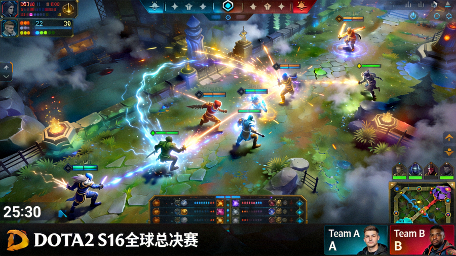 Dota2 s16全球总决赛高清直播画面，双方战队在肉山坑激烈团战